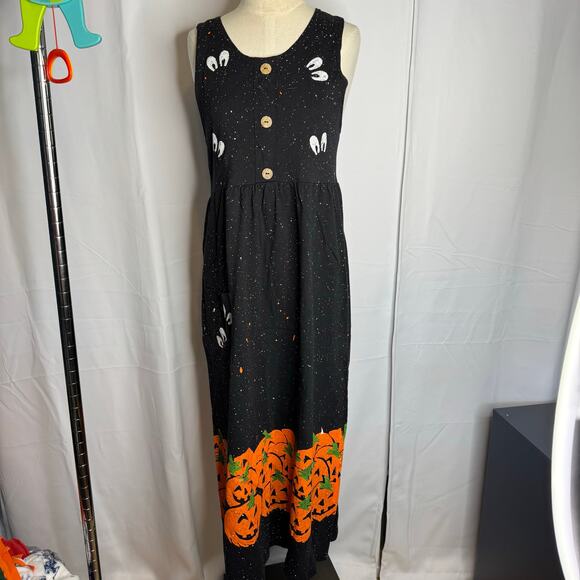L.A. Artwear Handmade Halloween Maxi Dress Ghost Eyes Pumpkin Print Small/Medium - Picture 2 of 8
